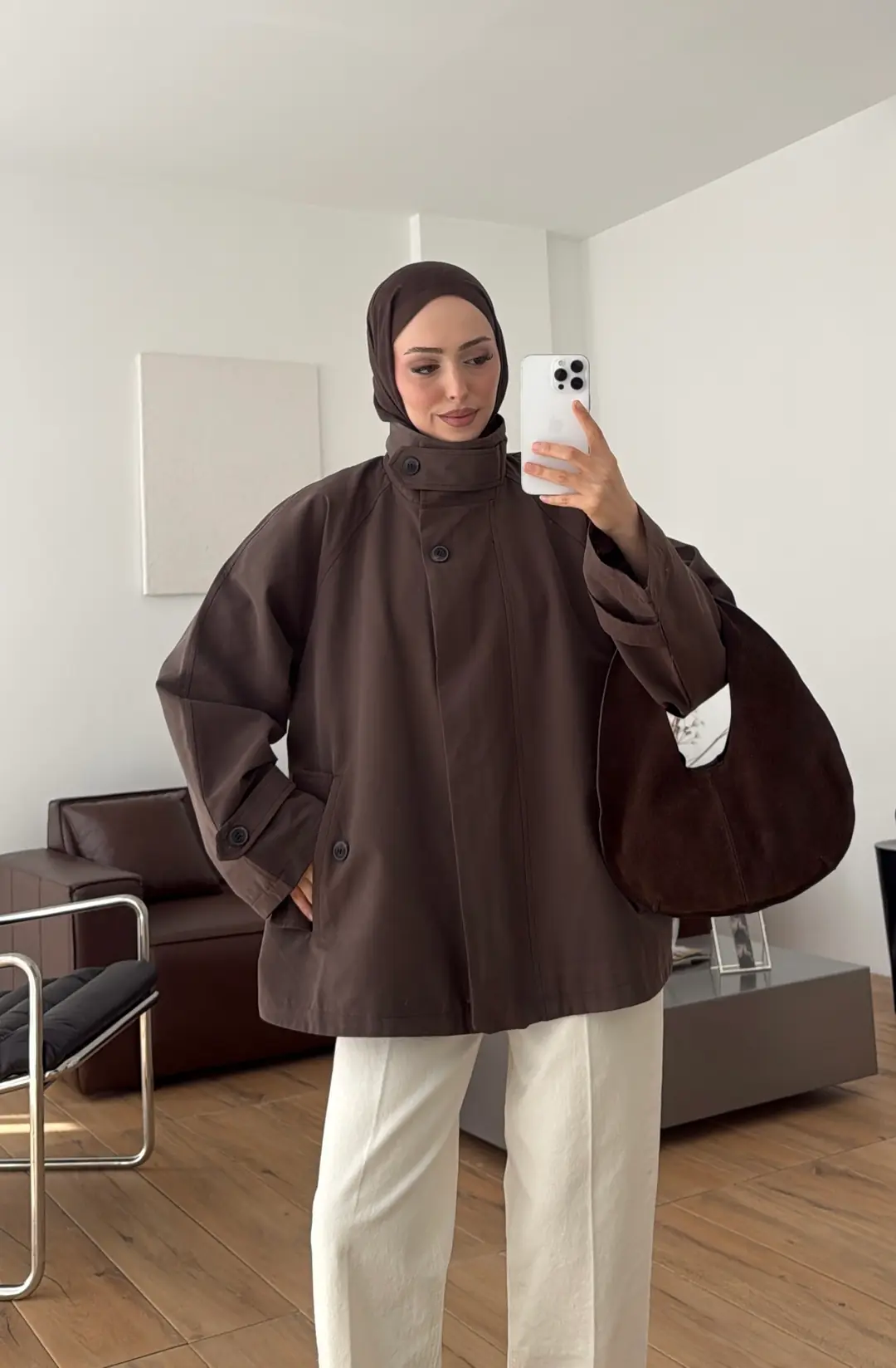 Minimal Yakalı Trençkot Kahve