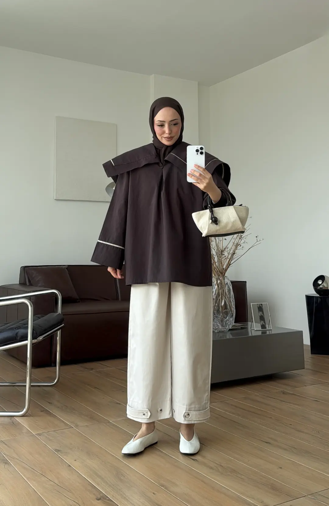 Biye Bağcıklı Dantelli Tunik Kahve
