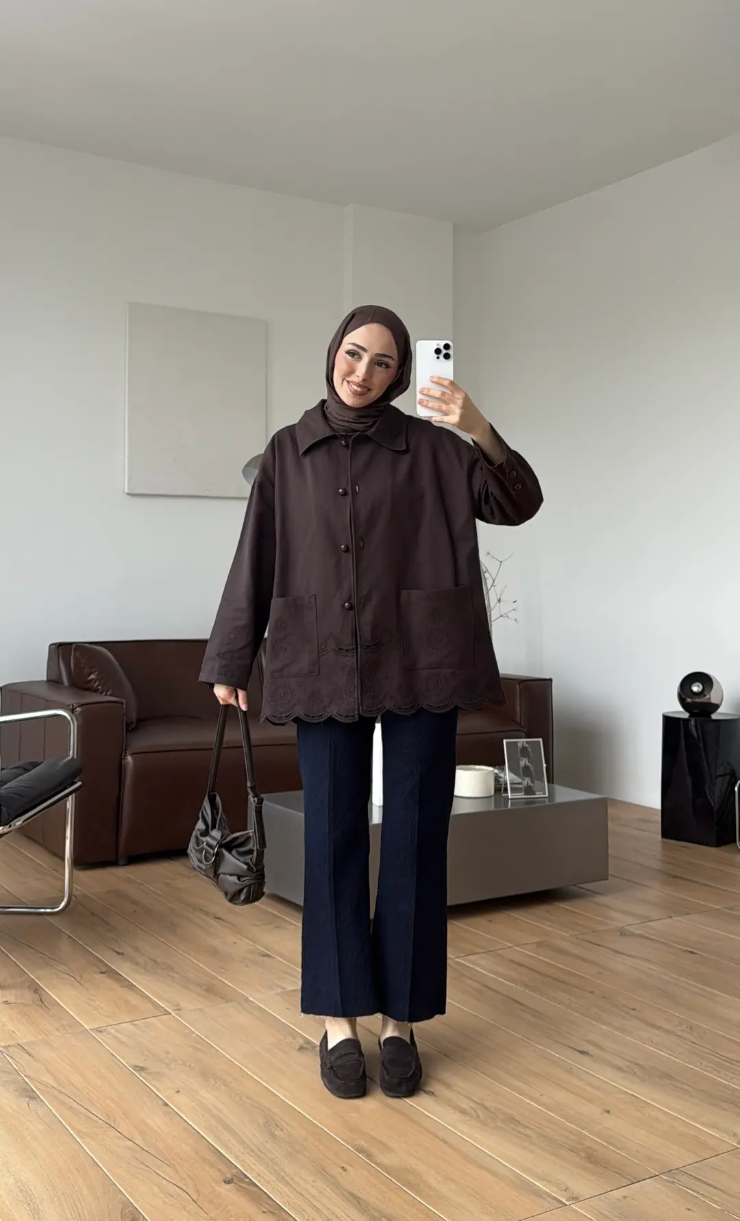 Nakışlı Cepli Gabardin Ceket Kahve