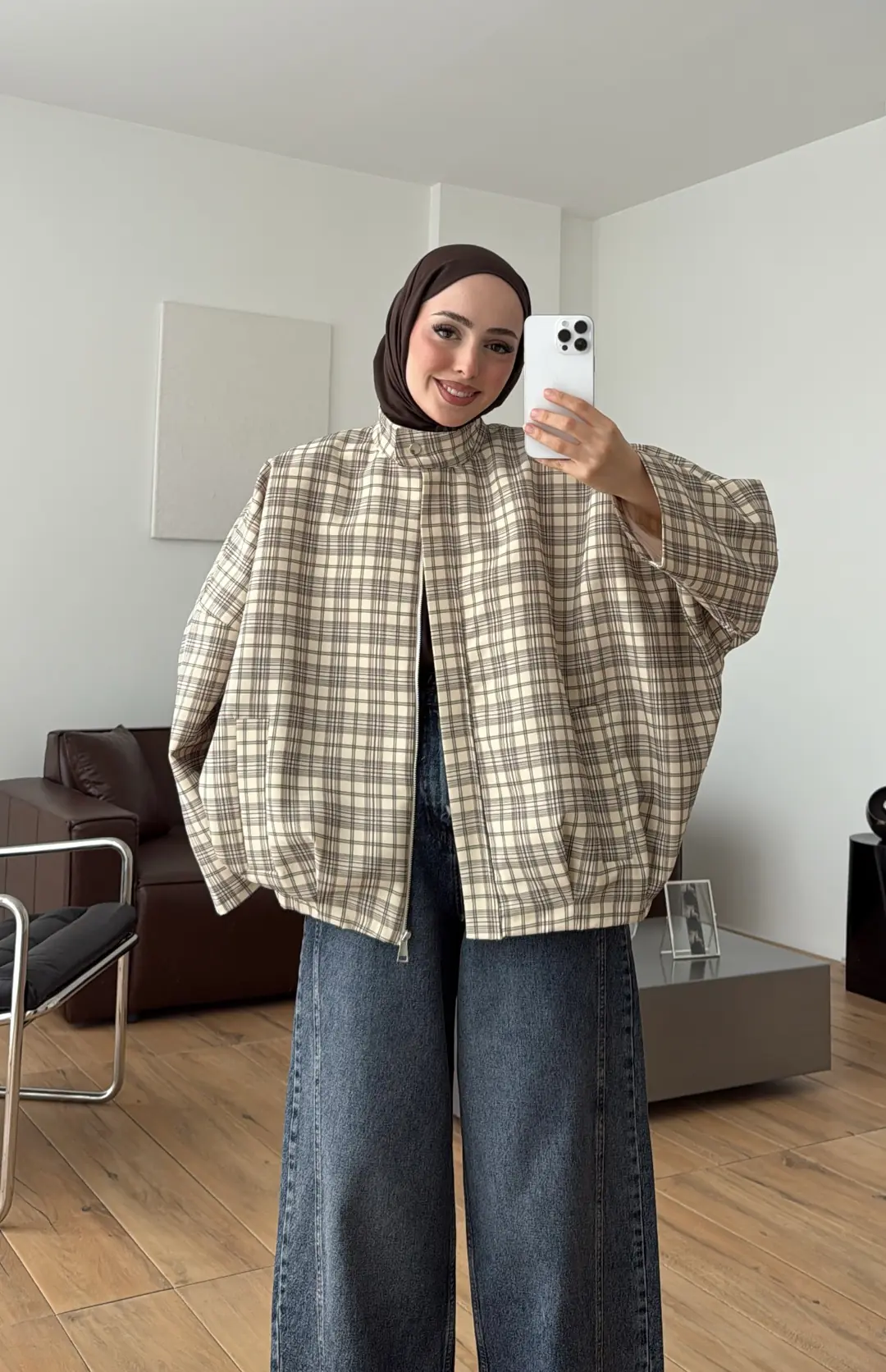 Ekose Pile Detay Bomber Ceket Krem