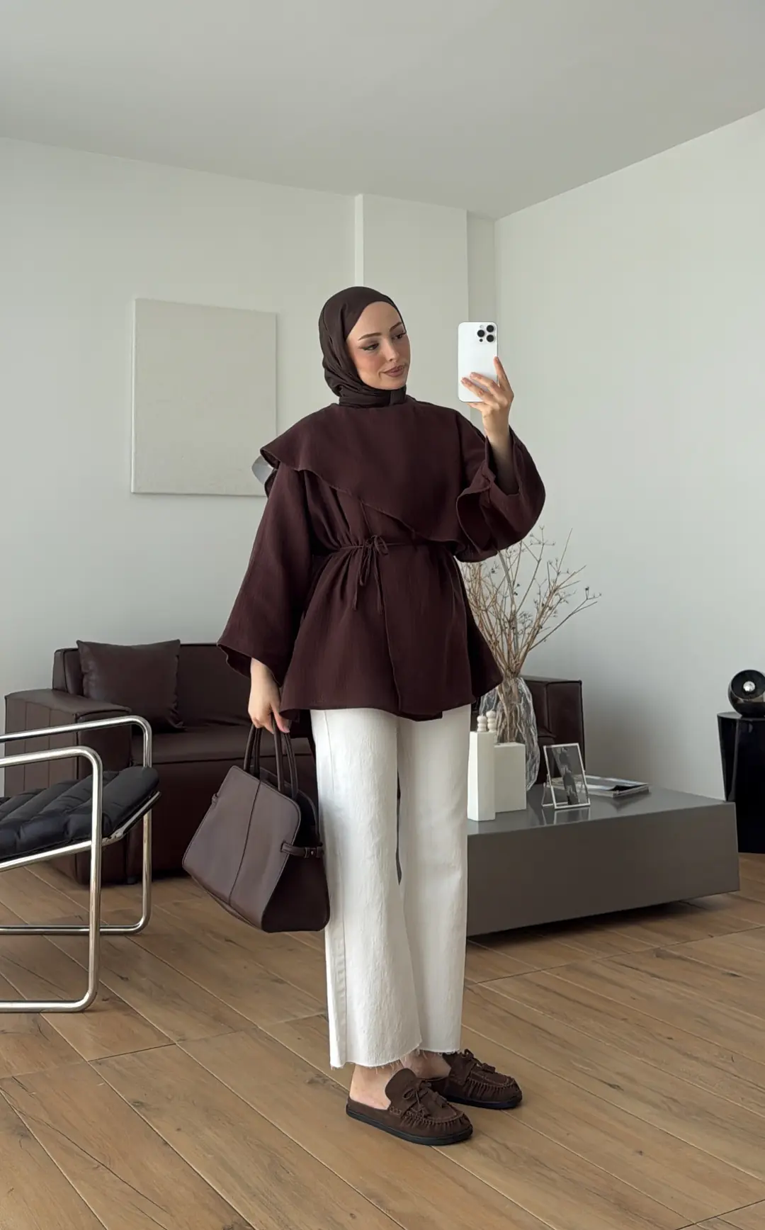 Şal Detaylı Müslin Bluz Kahve