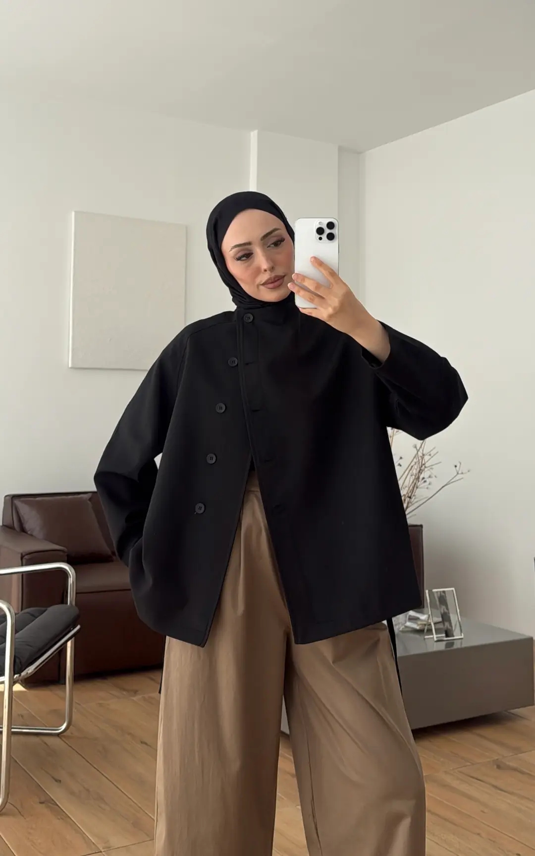 Bağcıklı Dik Yaka Ceket Siyah