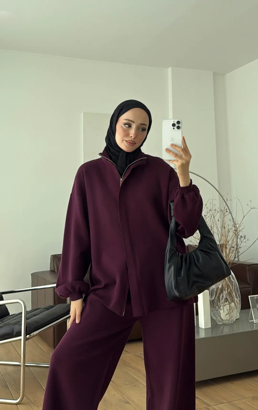 Çift Fermuarlı Tok Kumaş Triko Takım Mürdüm
