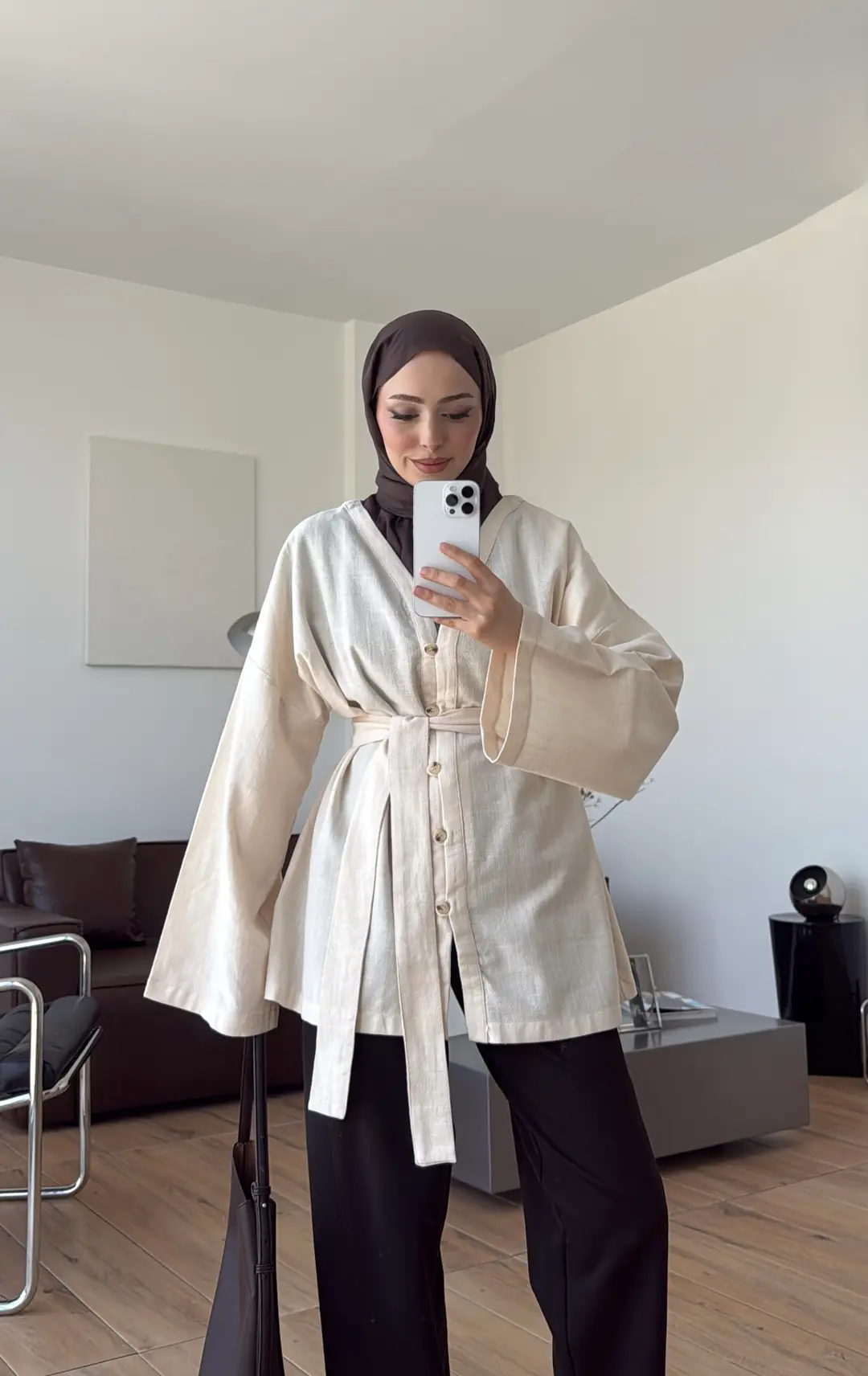 Linen Kuşaklı Kimono Ekru