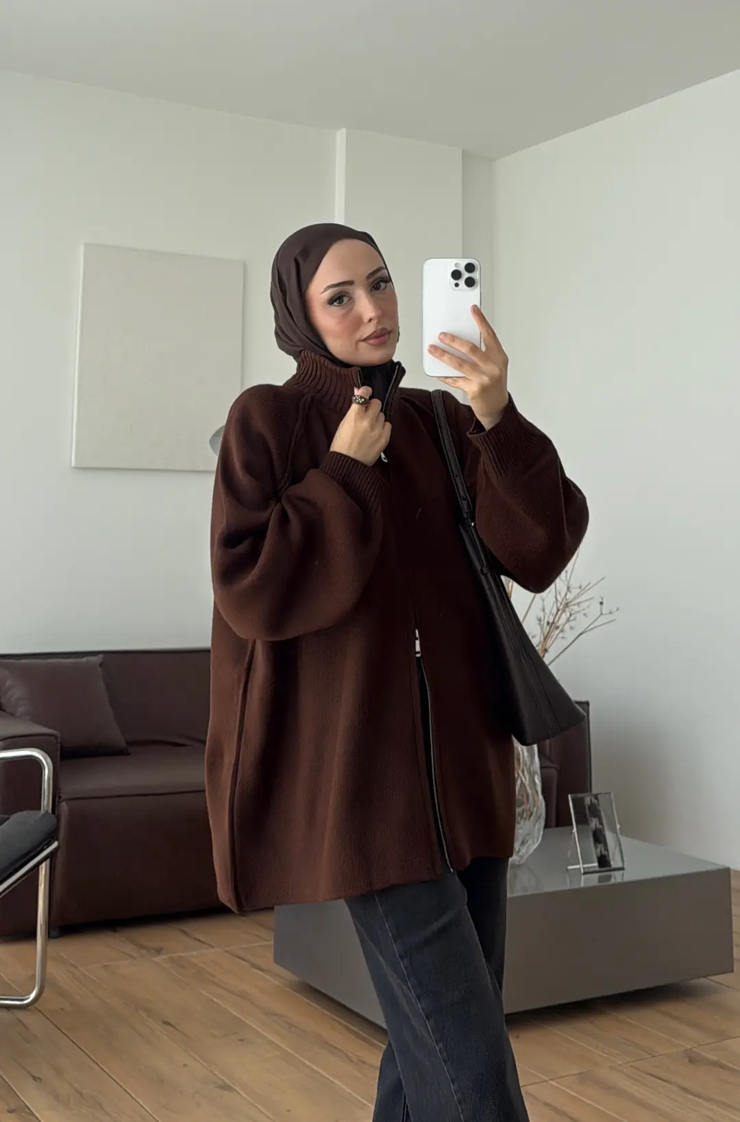 Çift Fermuarlı Triko Hırka Kahve