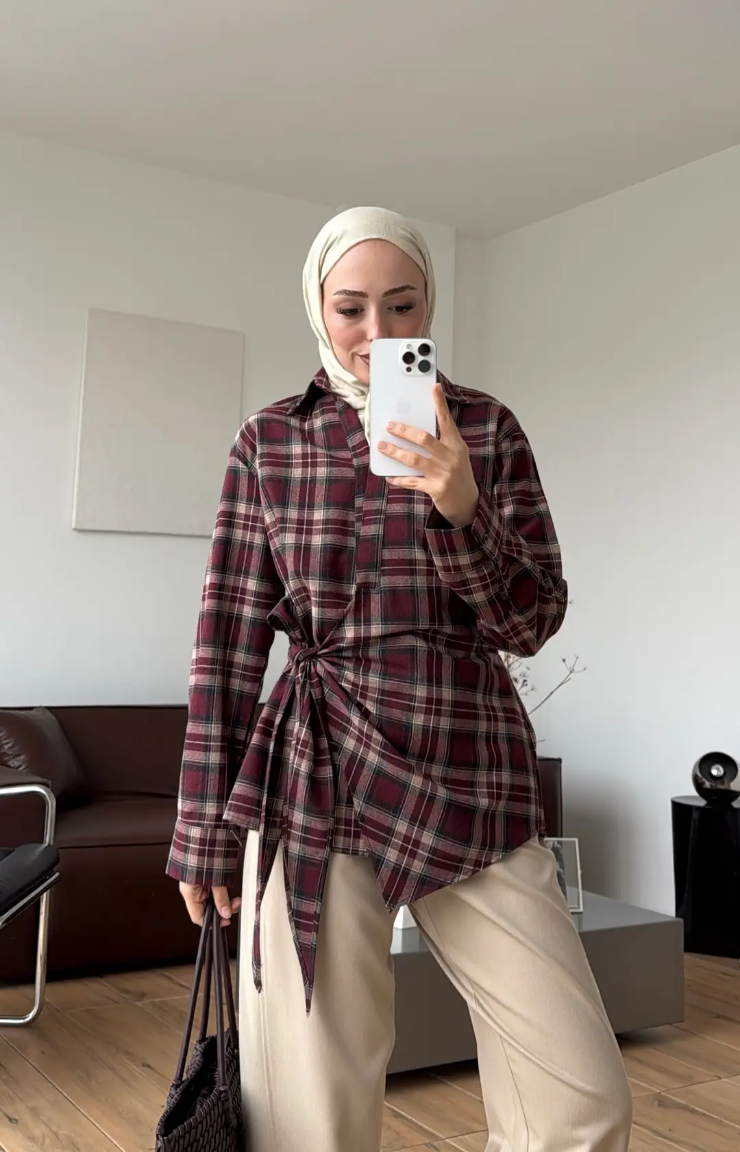 Yandan Bağlamalı Ekose Gömlek Bordo