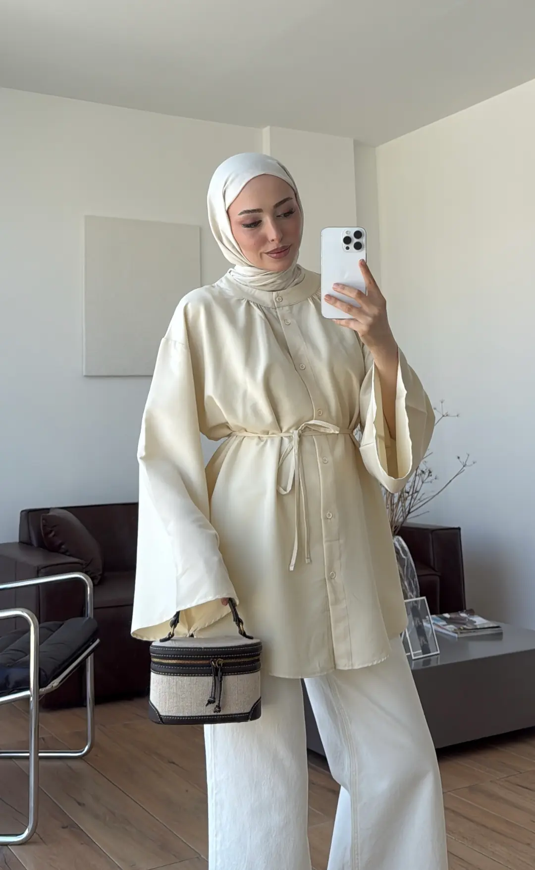 Büzgülü Bel Bağlamalı Gömlek Krem