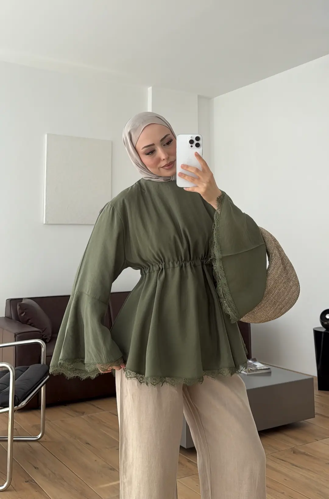 Lace Bel Detay Tunik Haki