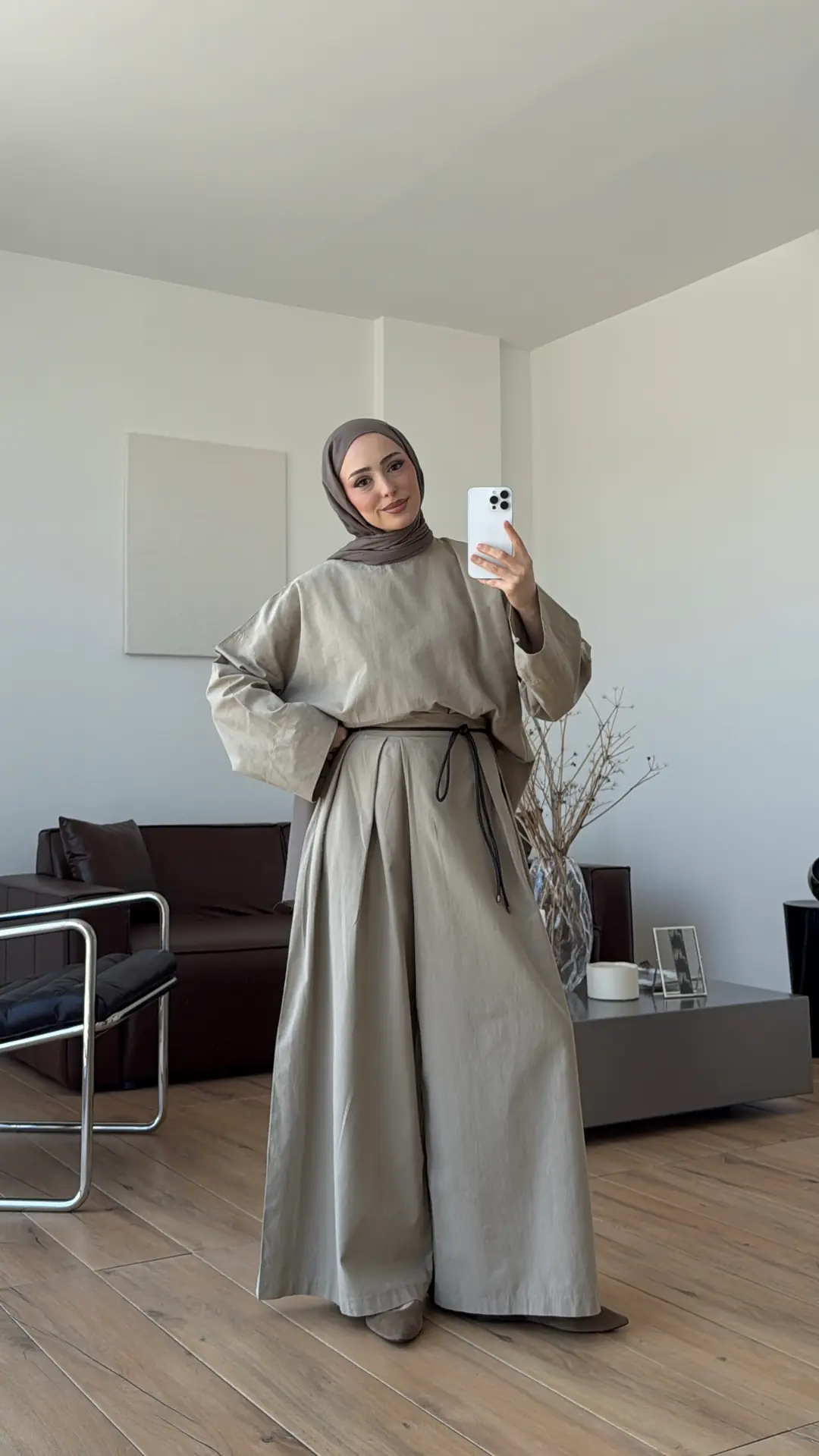 Oversize Keten Bluzlu Takım Vizon