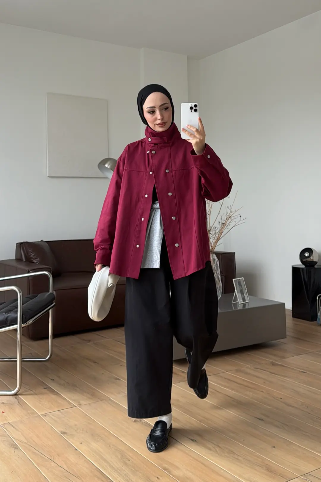 Çırçıtlı Dik Yaka Gabardin Ceket Bordo