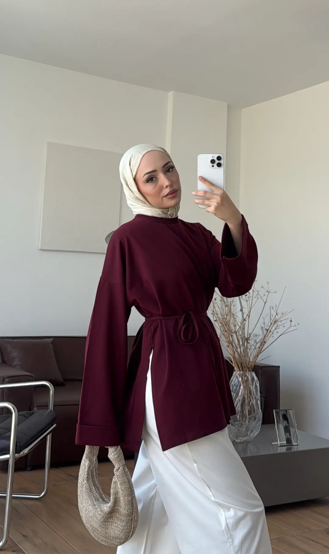 Bağlamalı Yanı Yırtmaç Detay Sweatshırt Bordo