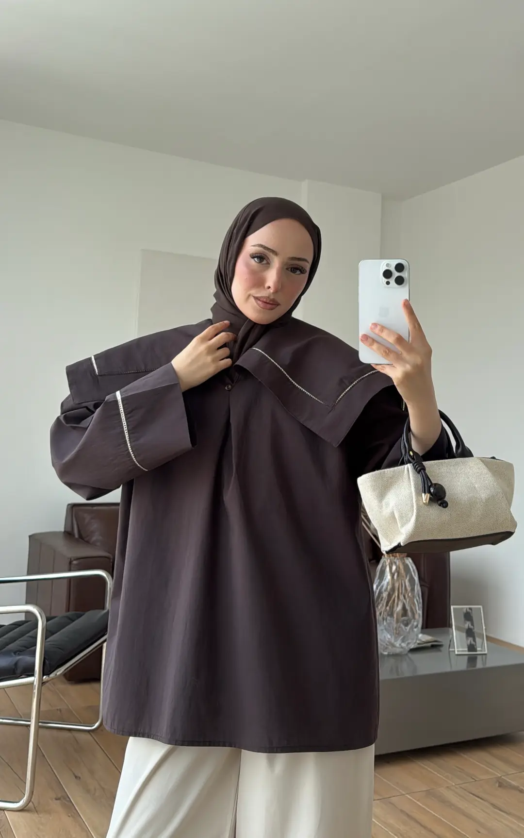 Biye Bağcıklı Dantelli Tunik Kahve