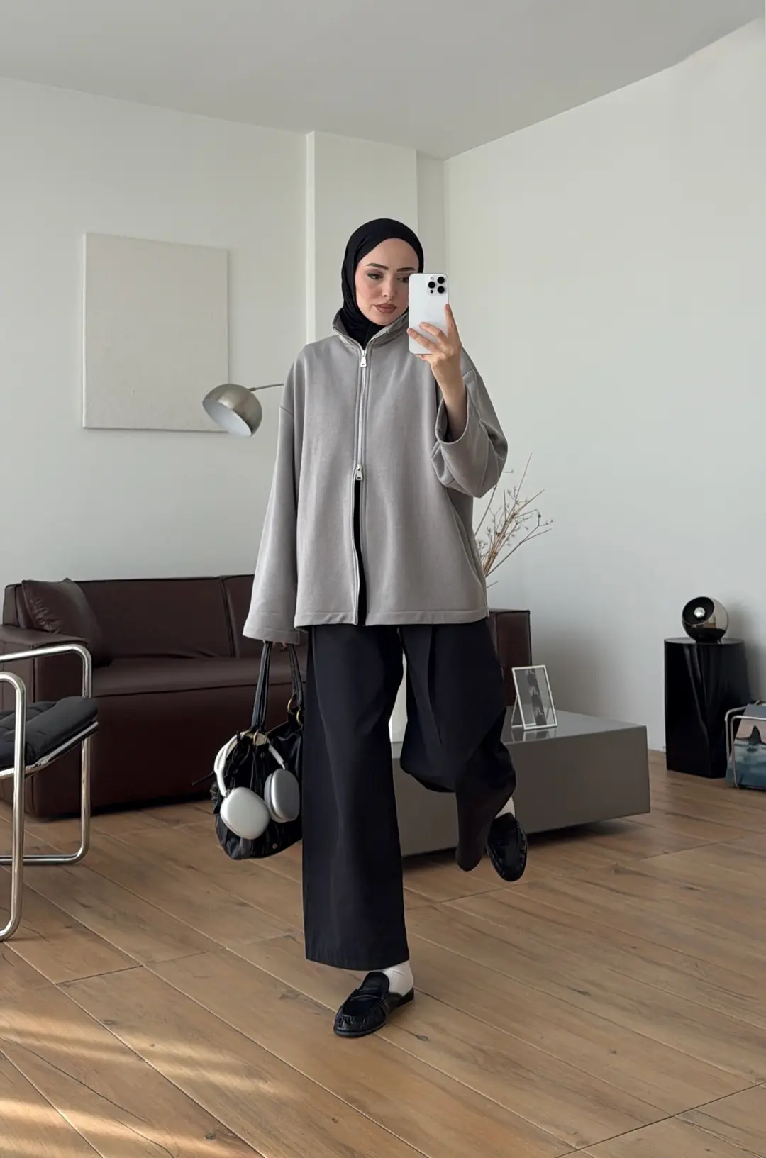 Çift Fermuarlı Sweat Gri