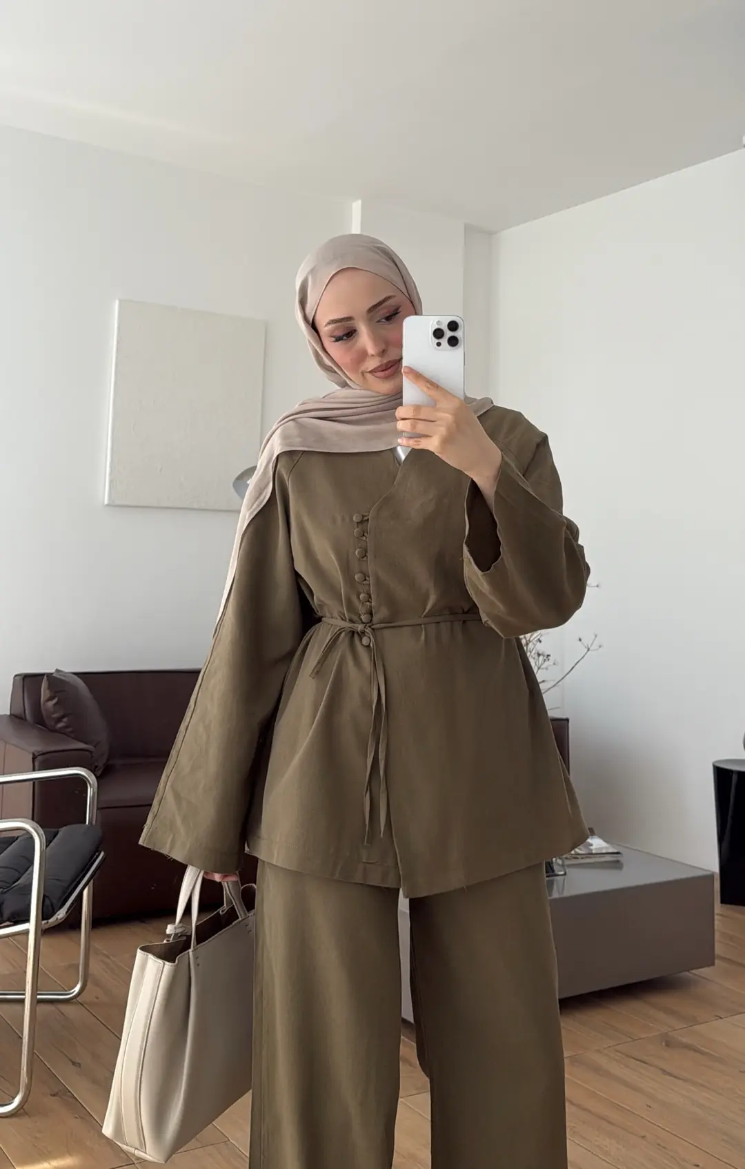 Sık Düğmeli Keten Takım Haki