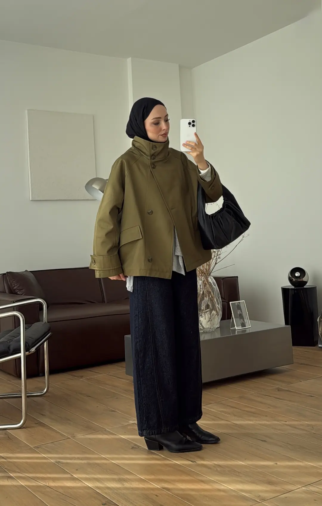 Geniş Yakalı Parka Yağ Yeşili 
