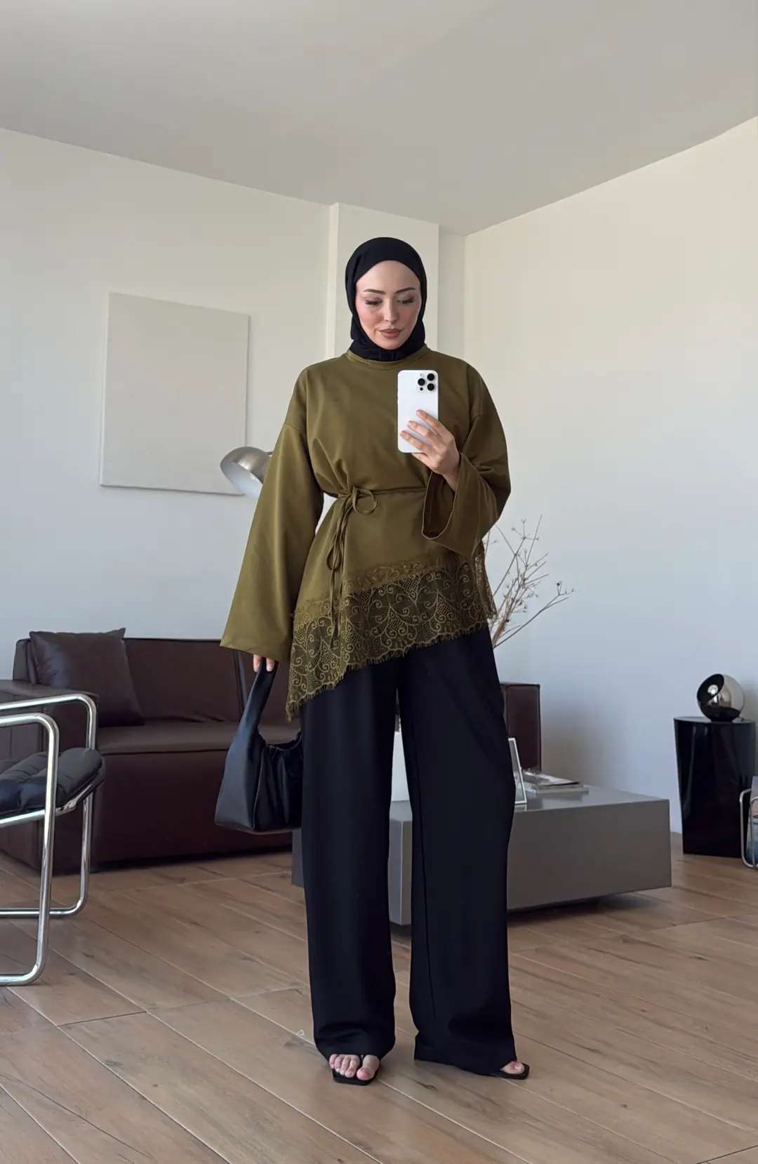 Eteği Dantel Detay Sweat Olive