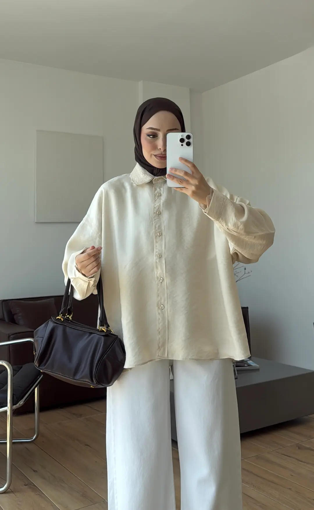 Dantelli Pis Dikişli Tencel Gömlek Krem
