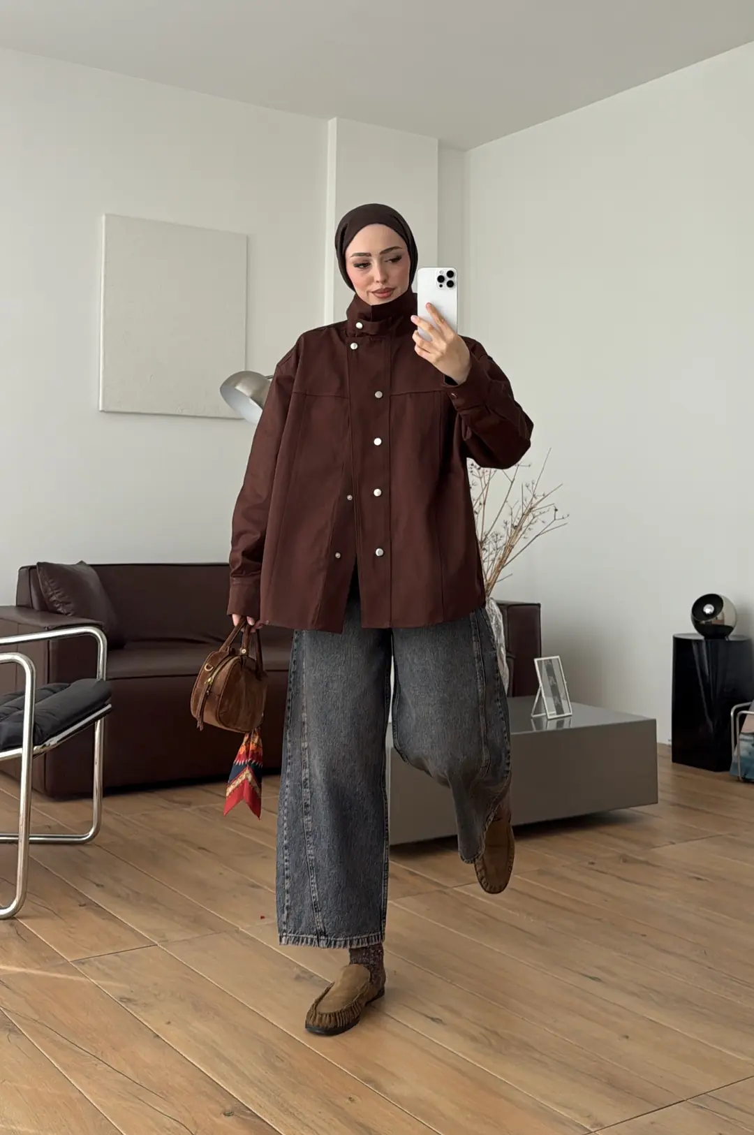 Çırçıtlı Dik Yaka Gabardin Ceket Kahve
