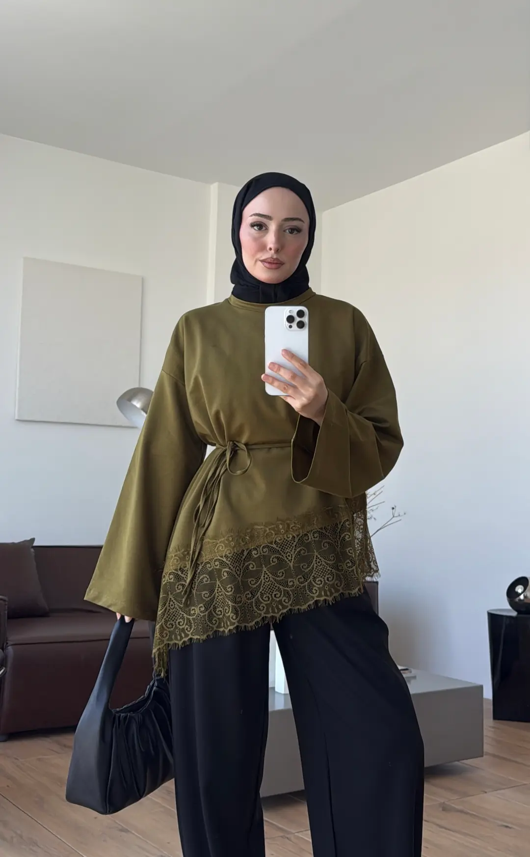 Eteği Dantel Detay Sweat Olive