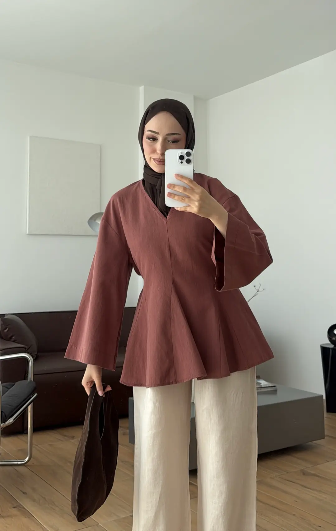 Volanlı Belden İpli Tunik Kiremit