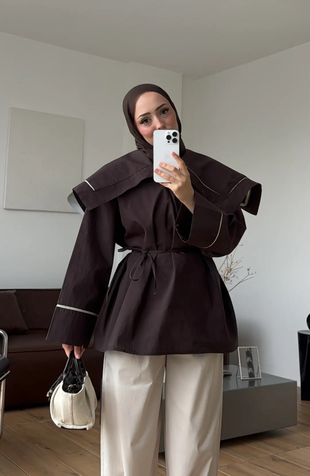 Biye Bağcıklı Dantelli Tunik Kahve