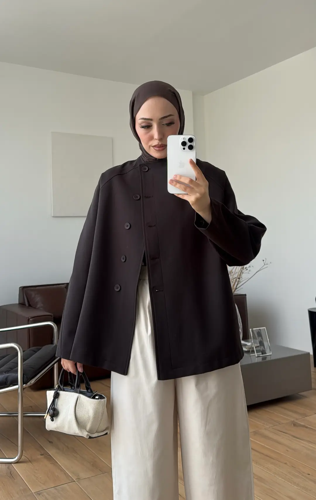 Bağcıklı Dik Yaka Ceket Kahve