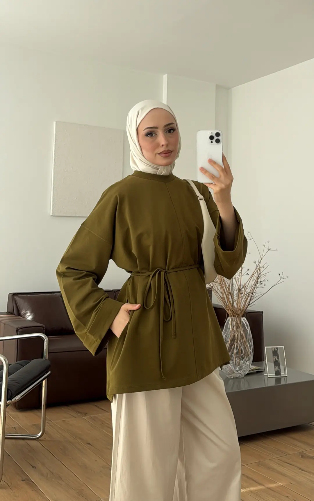 Bağlamalı Yanı Yırtmaç Detay Sweatshırt Olive