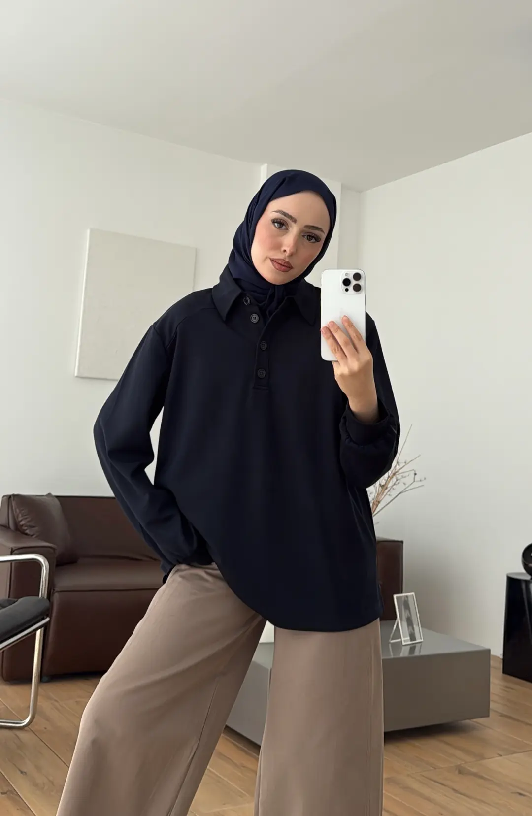 Vatkalı Polo Yaka Bluz Lacivert